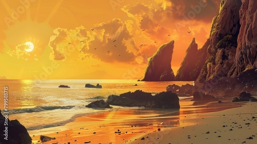 Illustrated view of a beach with yellow skies on a rocky island
