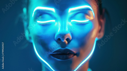 modern facial treatment with glowing contours on woman's face