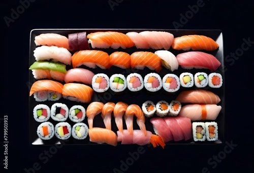 An assortment of sushi including nigiri, maki rolls, and sashimi with (tuna on a black platterA variety of sushi dishes such as nigiri, maki rolls, and sashimi with tuna served on a slate