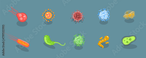 3D Isometric Flat Vector Set of Viruses And Microbes, Bacterial Infection Microorganisms photo