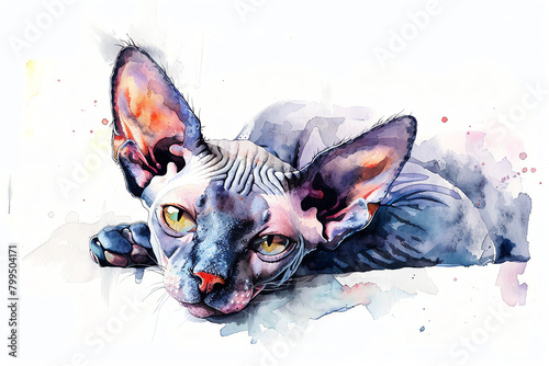 Minimalistic watercolor of a Sphynx Cat on a white background, cute and comical,