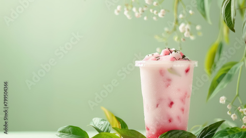refreshing watermelon oolong milk tea in a takeaway cup, with a copy space for text photo