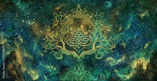 Celestial Folklore Canvas' of the Norse creation myth, where ancient myths are painted across a starry celestial backdrop, in Yggdrasil green and cosmic ice