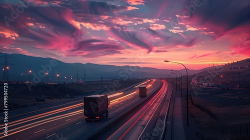 Imagine the beauty of a transportation landscape at dusk  with trucks cruising on the highway as the sun sets
