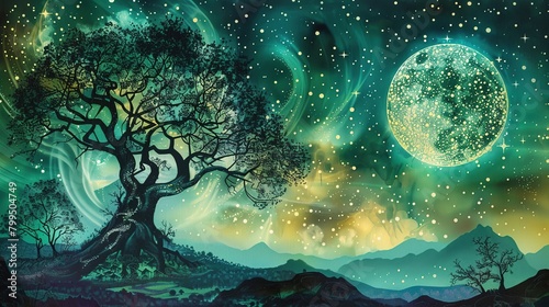 Celestial Folklore Canvas' of the Norse creation myth, where ancient myths are painted across a starry celestial backdrop, in Yggdrasil green and cosmic ice