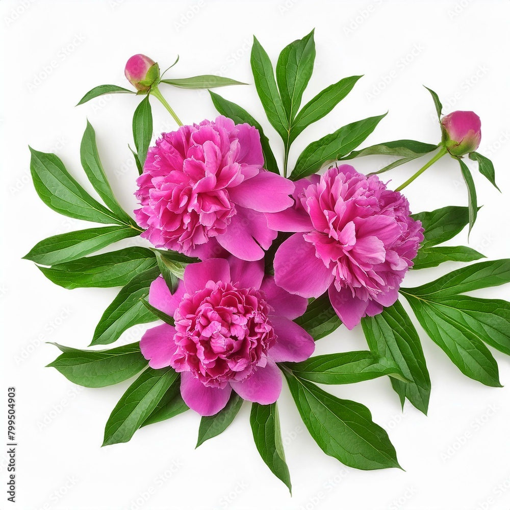 Obraz premium magenta peony flowers and green leaves isolated over white background with clipping path; top view