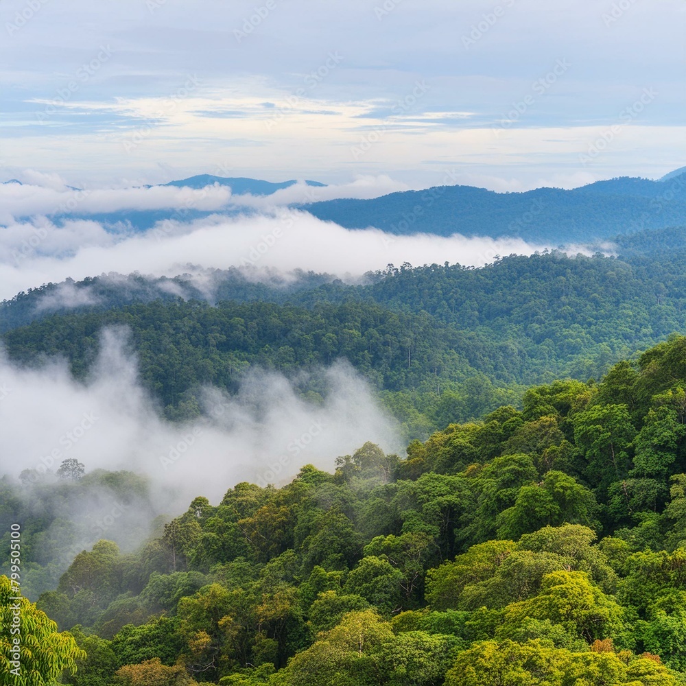 Rainforest forest with fog and mist, natural background