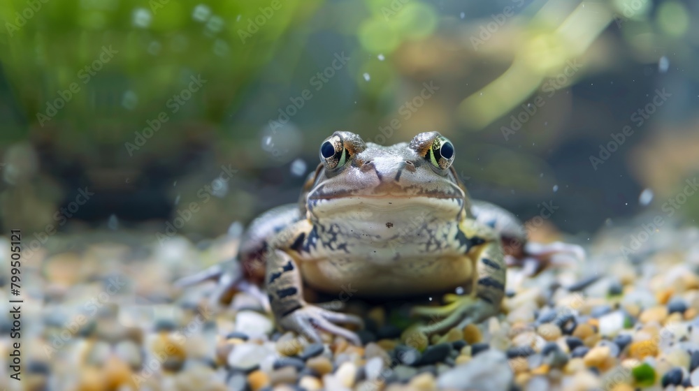 A frog peeks over the still waters, its reflection and the life surrounding it creating a tranquil natural habitat scene A frog peeks over the still waters, its reflection and the life surrounding it creating a tranquil natural habitat scene