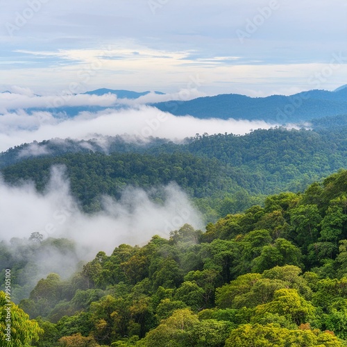 Rainforest forest with fog and mist, natural background