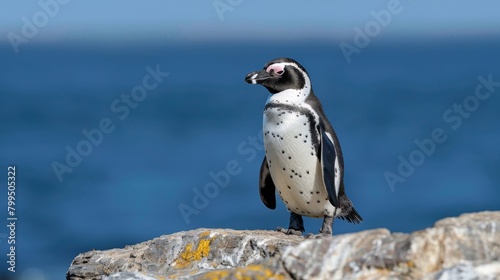 This image captures a single penguin on a rocky shore, with the vast blue ocean extending into the horizon