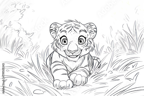 cute tiger cub in grassland coloring sketch for children