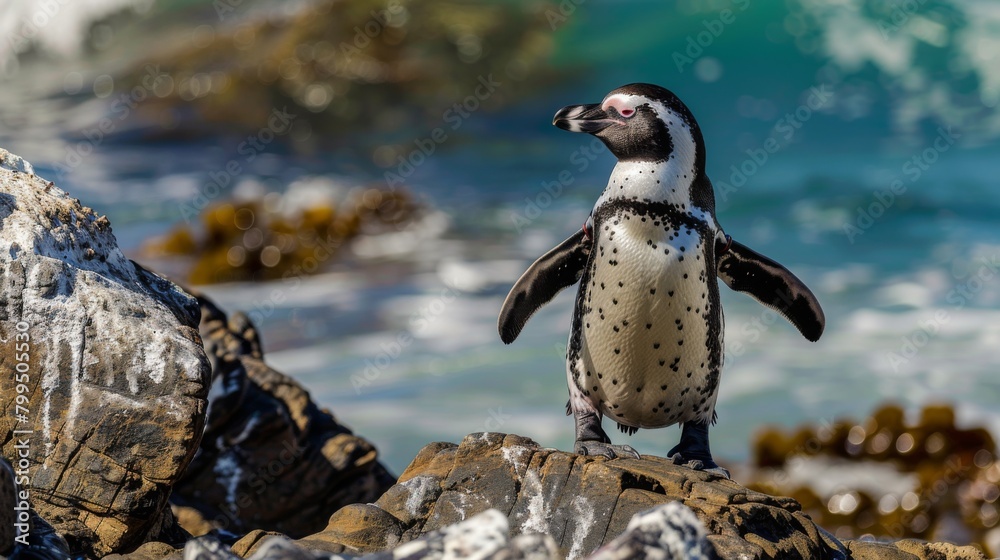 Naklejka premium A charming penguin seems contemplative standing on rocky terrain overlooking the sea