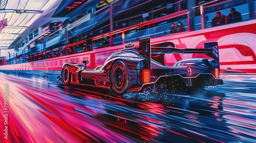 "Chromatic Voyage' of a racing car on a track, a style where the subject travels through a chromatic spectrum, in vibrant red and cobalt blue © Boraryn