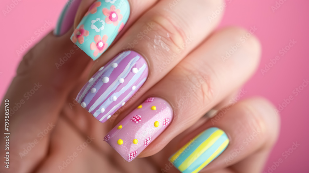creative and colorful nail art designs close-up on a pink background
