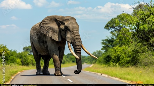 An imposing African elephant calmly strolls down a road snaking through a grassy landscape, illustrating the intersection of nature and human paths photo