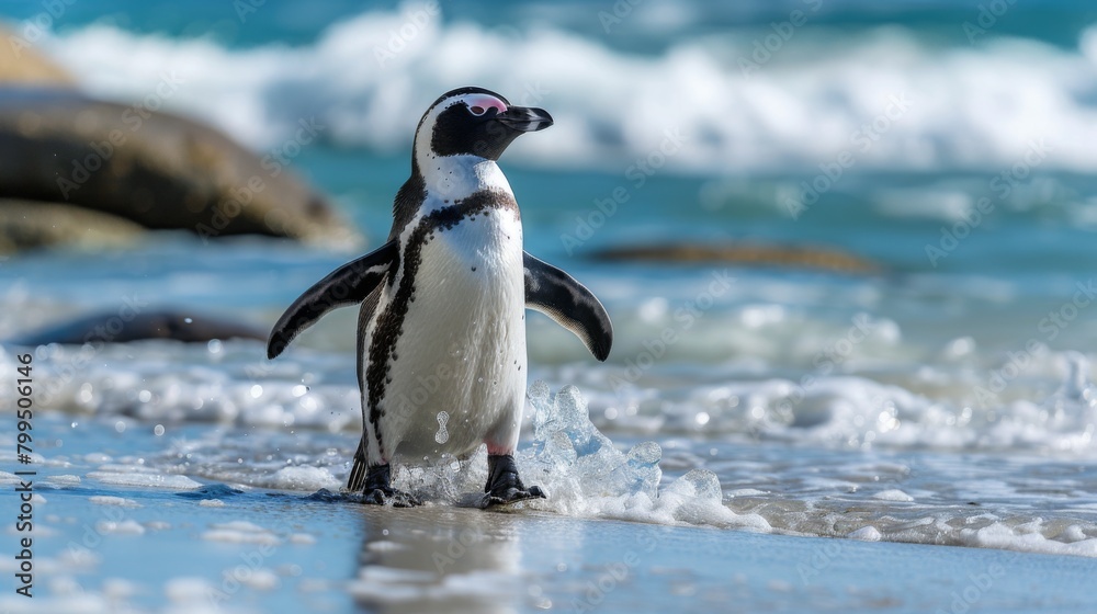 A single penguin stands on the sandy shore as waves wash over its feet, poised as though ready for a swim