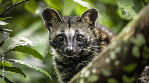 A curious civet peaks out from behind lush greenery, with a sharp focus on its eyes and face