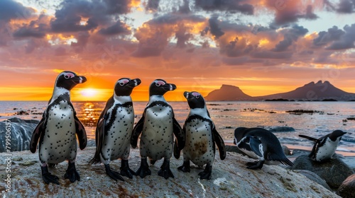 A group of five penguins appear to be socializing on the rocky coast with a vibrant sunset in the background