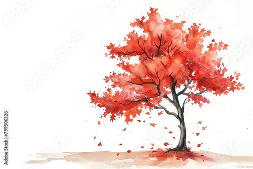 Minimalistic watercolor of a Maple Tree on a white background, cute and comical,