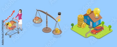 3D Isometric Flat Vector Illustration of Cost Of Living, Rising Foods Cost and Grocery Price