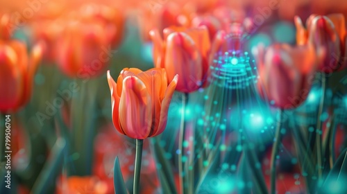 Cyberfloral Matrix' around a surreal digital tulip field, blending digital matrix aesthetics with vibrant floral patterns, in tulip orange and code blue #799506704