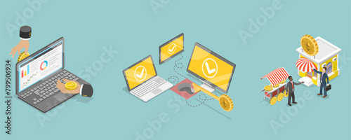 3D Isometric Flat Vector Illustration of Cryptocurrency Exchange Platform, Digital Wallet Technology