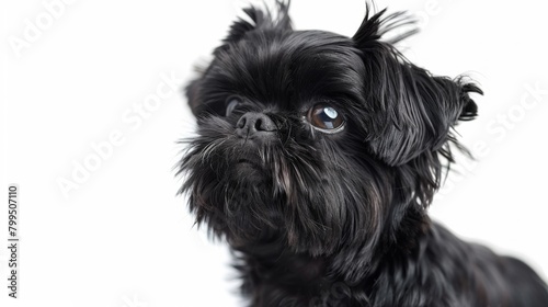 Artistic portrait of a Brussels Griffon dog looking upwards with soulful eyes, a high detailed fur texture against a white backdrop