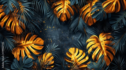 A dark gold abstract art modern background featuring palm and tropical monstera leaves, designed for luxury home decor, prints, covers, and wallpapers. © DZMITRY
