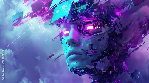 Cyborg in the style of Cyber Emotionscape Rennaissance, with Purple and teal classical forms merges in a digital world and emotive landscapes