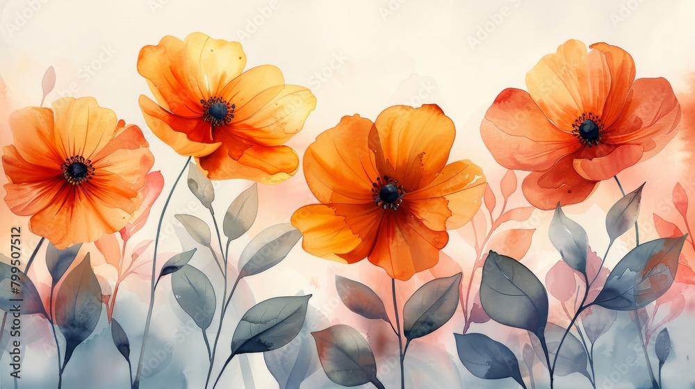 Modern watercolor wall art with sweet orange and pink floral bouquets and wildflowers. Perfect for posters, wall decor, and wallpaper.