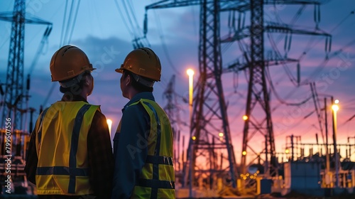 Electrical Industry Workers Contemplating Power Line Infrastructure at Dusk