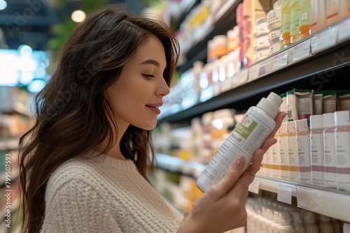 Young happy woman reading ingredients of skin care product while shopping at the store