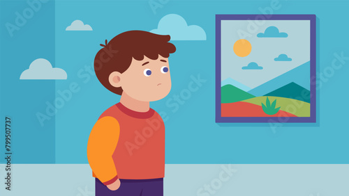 A young boy with Down syndrome stares intently at a painting in an art museum lost in thought about the meaning behind the artists work and its. Vector illustration