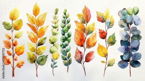The collection includes autumn wild flowers, plants, branches, oak leaves, and eucalyptus. The watercolor illustrations are intended for card, print, graphic, or decorative purposes.
