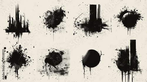 Modern illustration set of geometric ink splash. Square and circle stencil frame with drip ink, spray, brush liquid droplets, graffiti isolated on white background. Design for sticker, decoration.