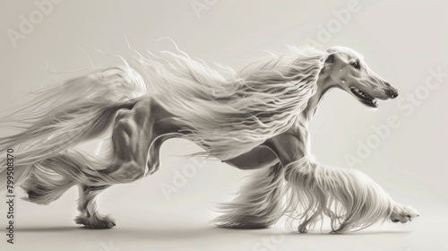 The artistic depiction of a greyhound in motion, with its fur and sash dramatically flowing, set against a soft greyscale background photo