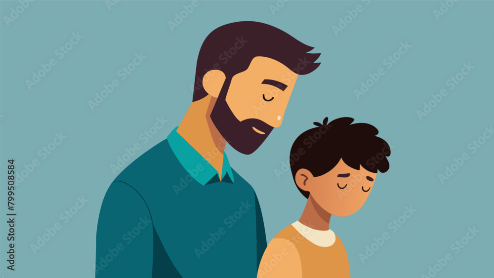 A father and son leaning against each other with their eyes closed finding solace and strength in their silent bond.. Vector illustration