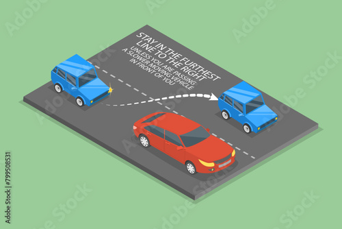 3D Isometric Flat Vector Illustration of Line Changing, Safe Driving Tips