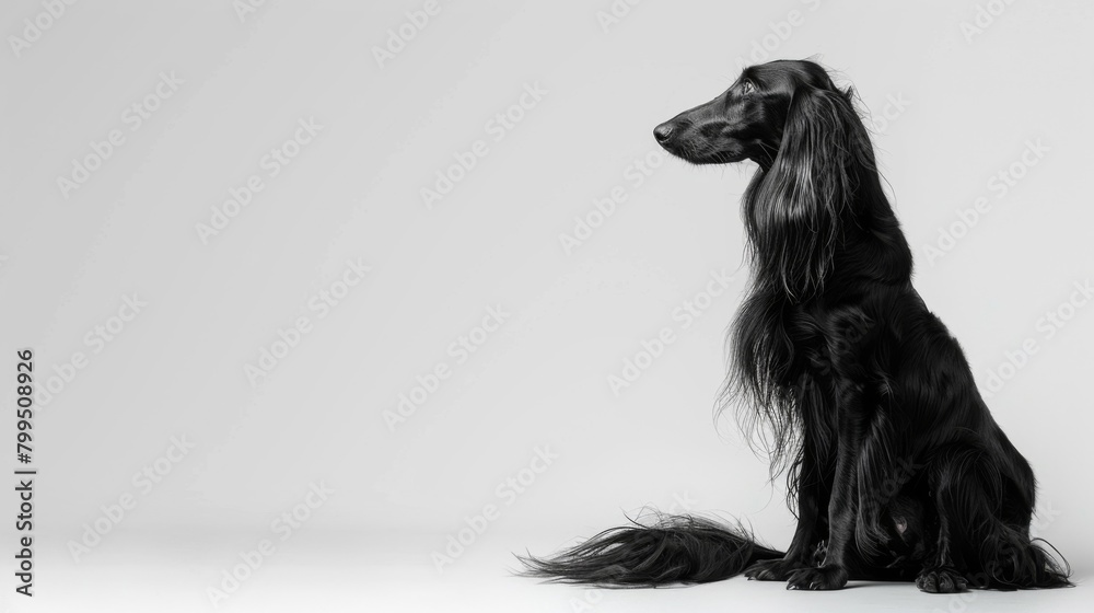 A classic black and white photograph of a dignified Afghan Hound in a reflective pose on a solid background