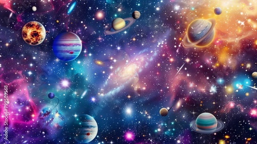 Vibrant Cosmic Galaxy with Planets and Stars