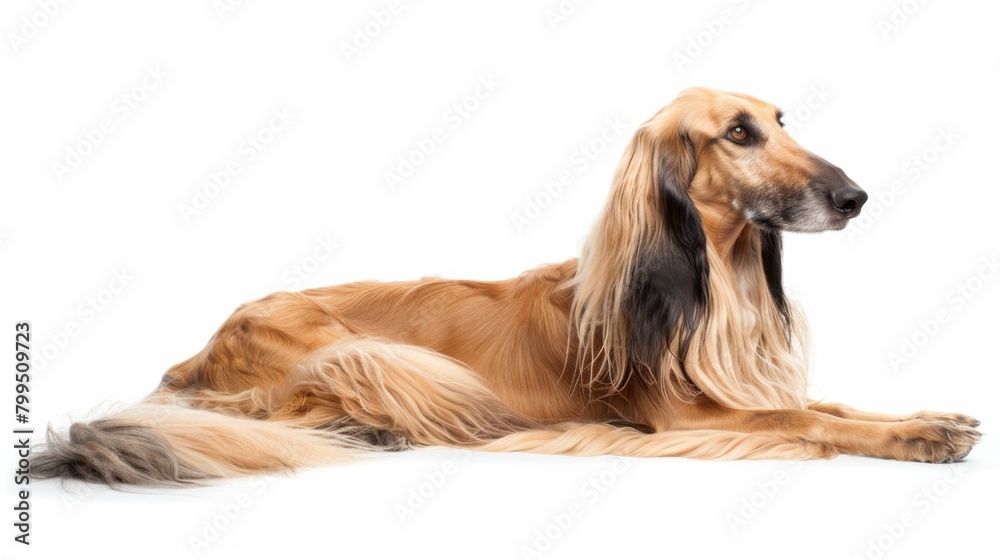 The image beautifully captures a tranquil Afghan Hound in repose, showcasing its fine, silky hair flowing naturally against a crisp white background