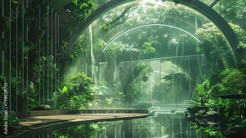 Ethereal Tech Haven' around a digital rainforest biodome, fusing ethereal landscapes with high-tech elements, in rainforest green and data stream silver