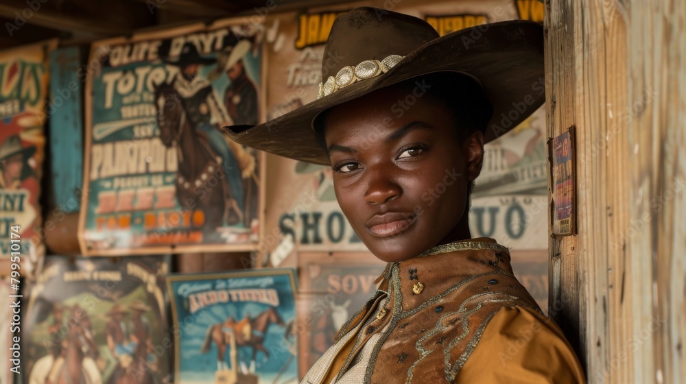 African Woman in Cowboy Hat Posing Against Vintage Posters
