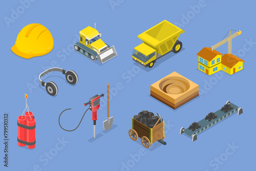 3D Isometric Flat Vector Set of Mining Elements , Extraction Industry Profession