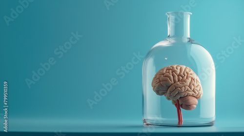 Human brain in laboratory flask isolated on blue background, text space for presentation