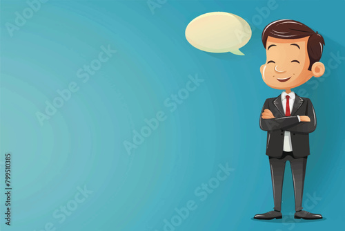 Speaking Businessman character isolated on Blue Background, space to add text