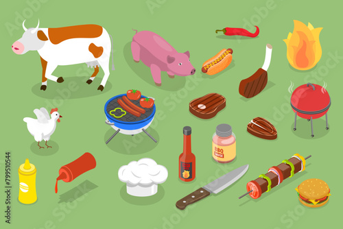 3D Isometric Flat Vector Set of Barbecue Objects, Grill or Picnic Attributes © TarikVision