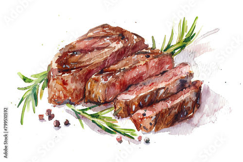 Minimalistic watercolor of Steak on a white background, cute and comical,