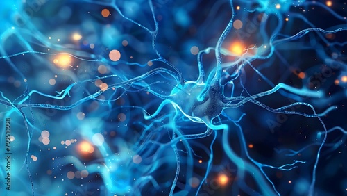 Glowing Neurons Networking Illustration. Neural Network with Glowing Synapses shows a complexity of thought. photo