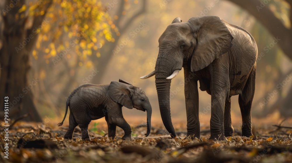 Fototapeta premium An intimate moment captured between a mother elephant and her calf in a serene forest